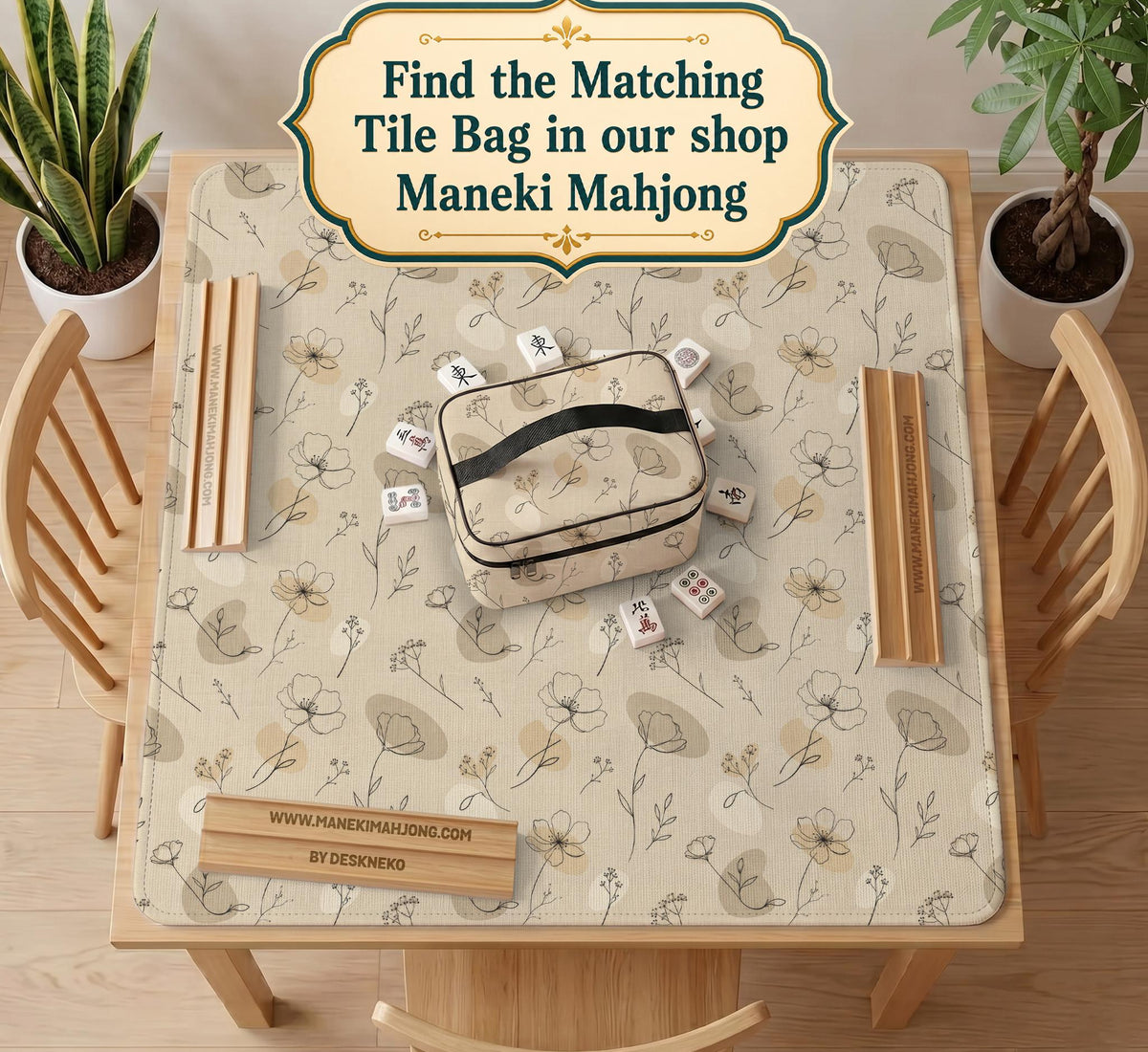 Neutral floral mahjong mat with delicate botanical line art and a scalloped edge on a cream background.