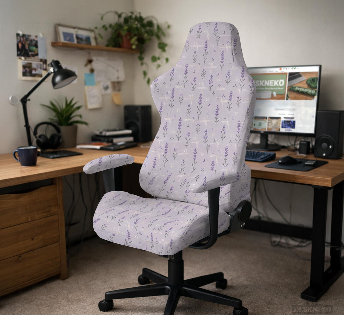 Lavender floral office chair cover with a light neutral background and small purple flower pattern.