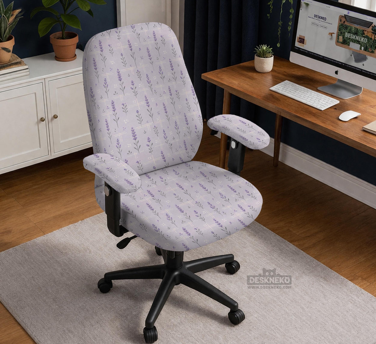 Lavender floral office chair cover with a light neutral background and small purple flower pattern.