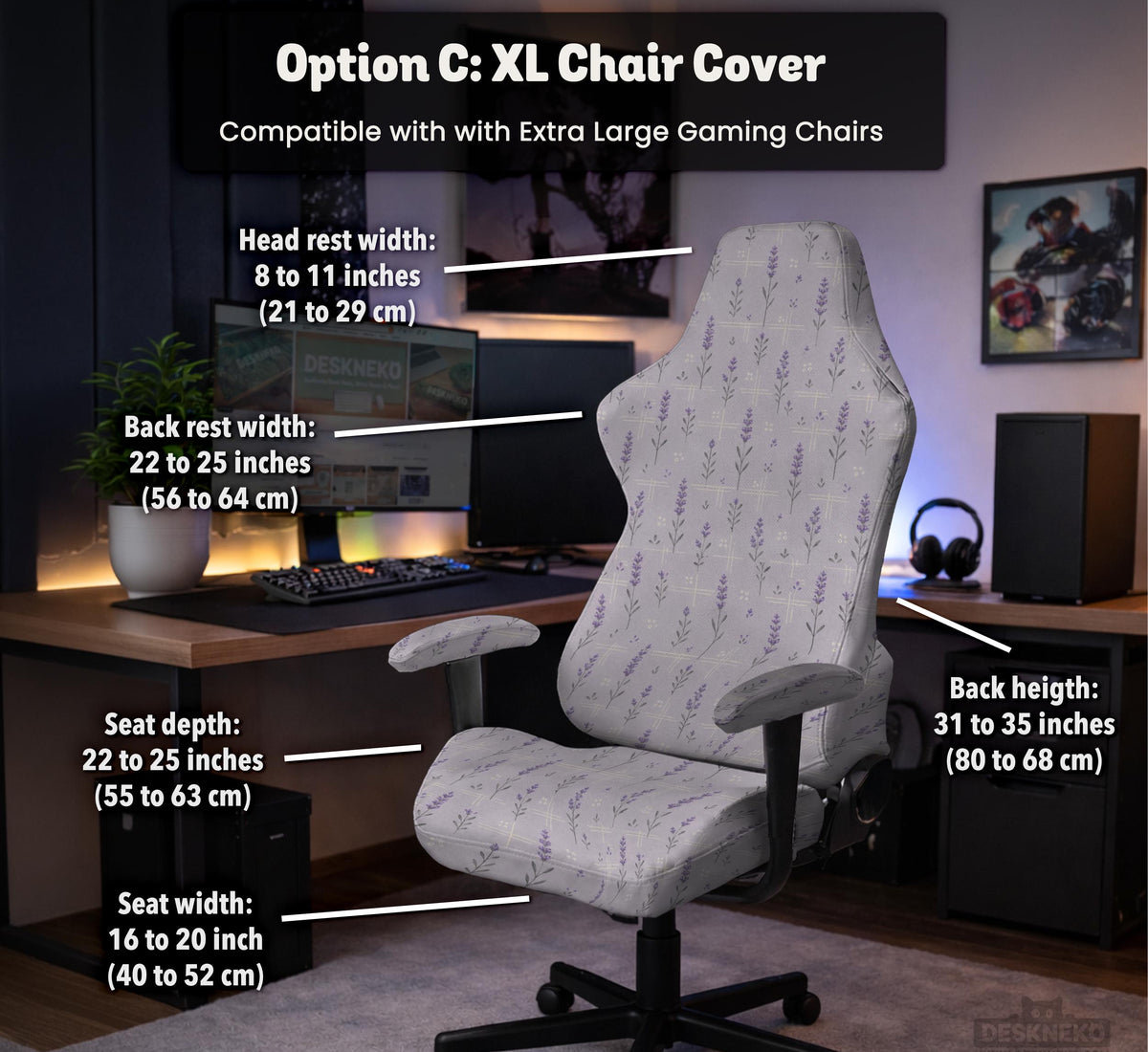 Lavender floral office chair cover with a light neutral background and small purple flower pattern.