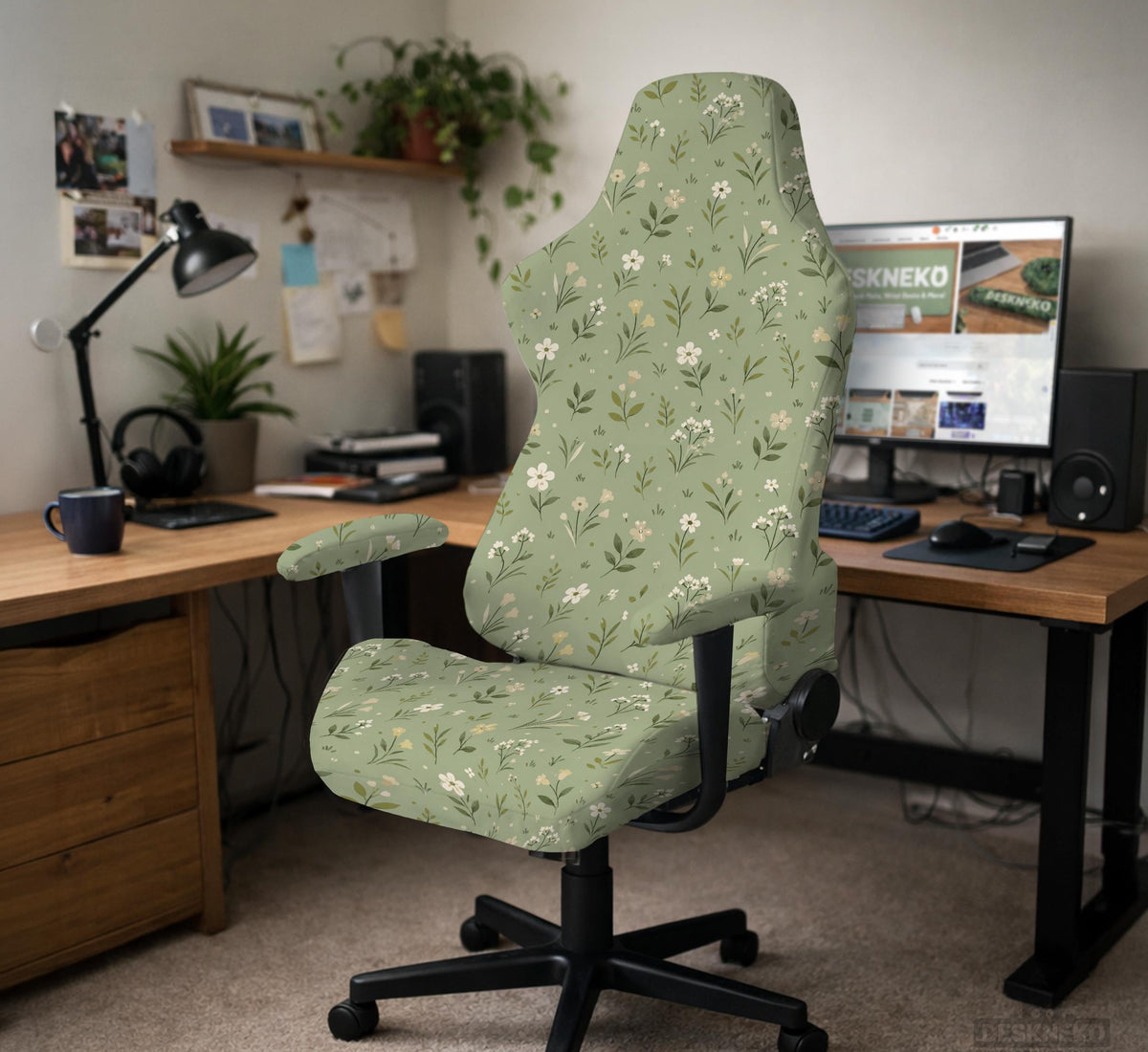 Green chair cover with a sage floral botanical print shown on a high-back gaming chair and office chair.