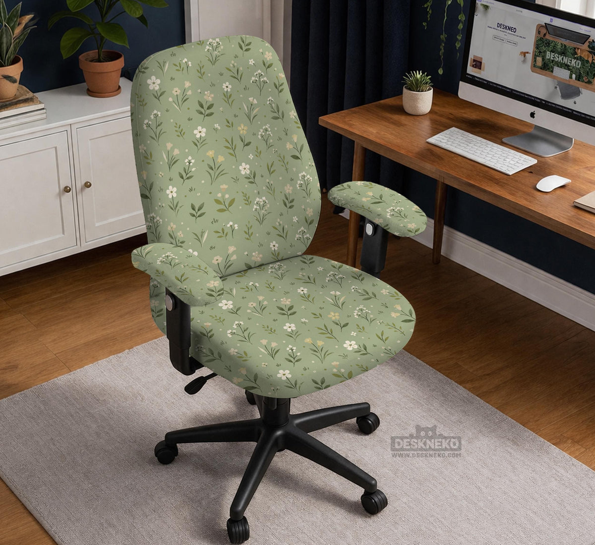 Green chair cover with a sage floral botanical print shown on a high-back gaming chair and office chair.
