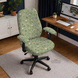 Green chair cover with a sage floral botanical print shown on a high-back gaming chair and office chair.