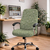 Green chair cover with a sage floral botanical print shown on a high-back gaming chair and office chair.