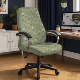 Sage green chair cover with a small floral print shown on a desk chair with a high back.