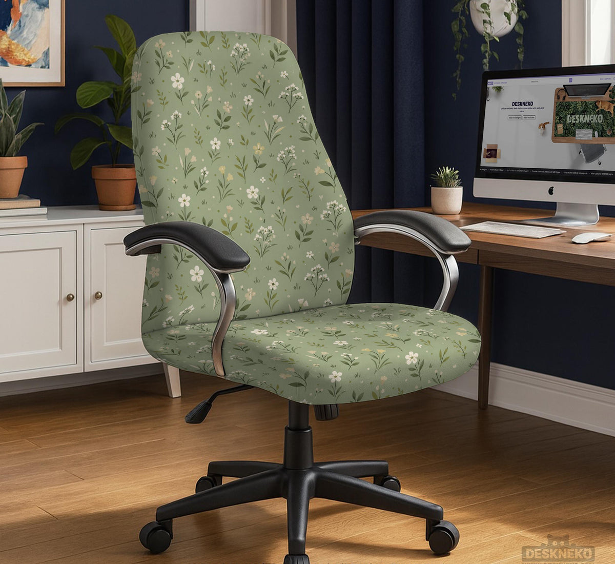 Green chair cover with a sage floral botanical print shown on a high-back gaming chair and office chair.