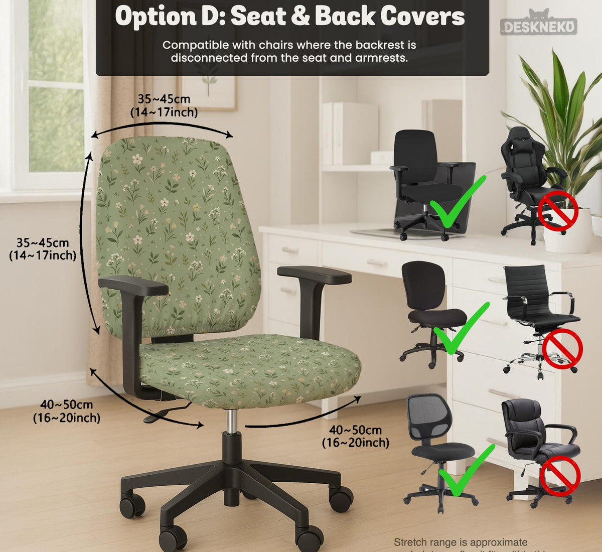 Green chair cover with a sage floral botanical print shown on a high-back gaming chair and office chair.