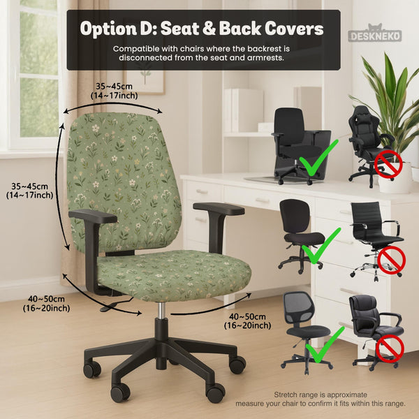 Green chair cover with a sage floral botanical print shown on a high-back gaming chair and office chair.