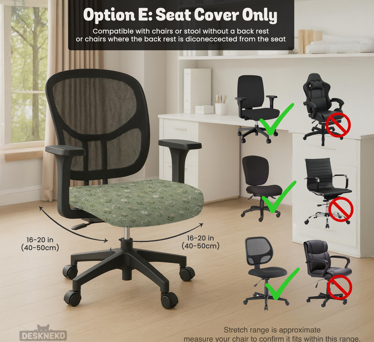 Sage green chair cover with a small floral print shown on a desk chair with a high back.