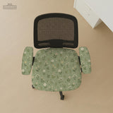 Green chair cover with a sage floral botanical print shown on a high-back gaming chair and office chair.