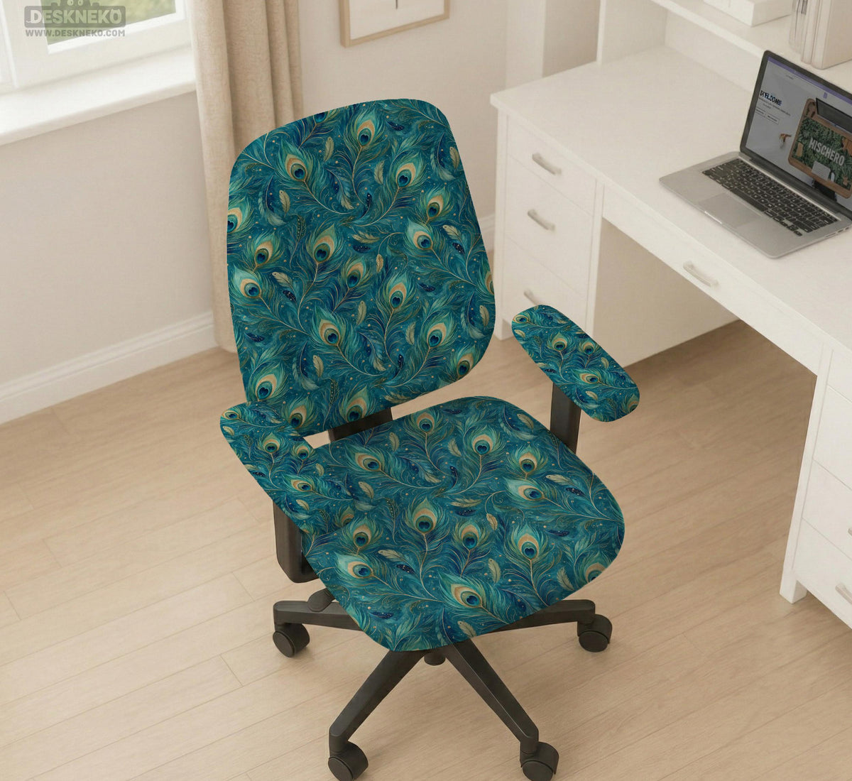 Blue green chair cover with a peacock feather pattern shown on an office chair, with fitted stretch fabric and armrest coverage visible in the listing image.