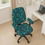 Blue green chair cover with a peacock feather pattern shown on an office chair, with fitted stretch fabric and armrest coverage visible in the listing image.