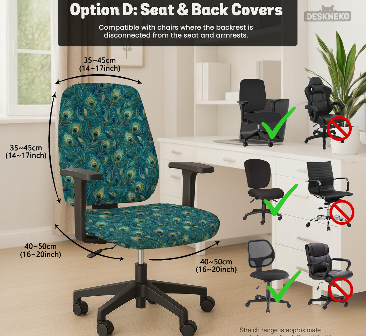 Blue green chair cover with a peacock feather pattern shown on an office chair, with fitted stretch fabric and armrest coverage visible in the listing image.