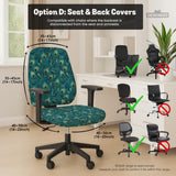 Blue green chair cover with a peacock feather pattern shown on an office chair, with fitted stretch fabric and armrest coverage visible in the listing image.