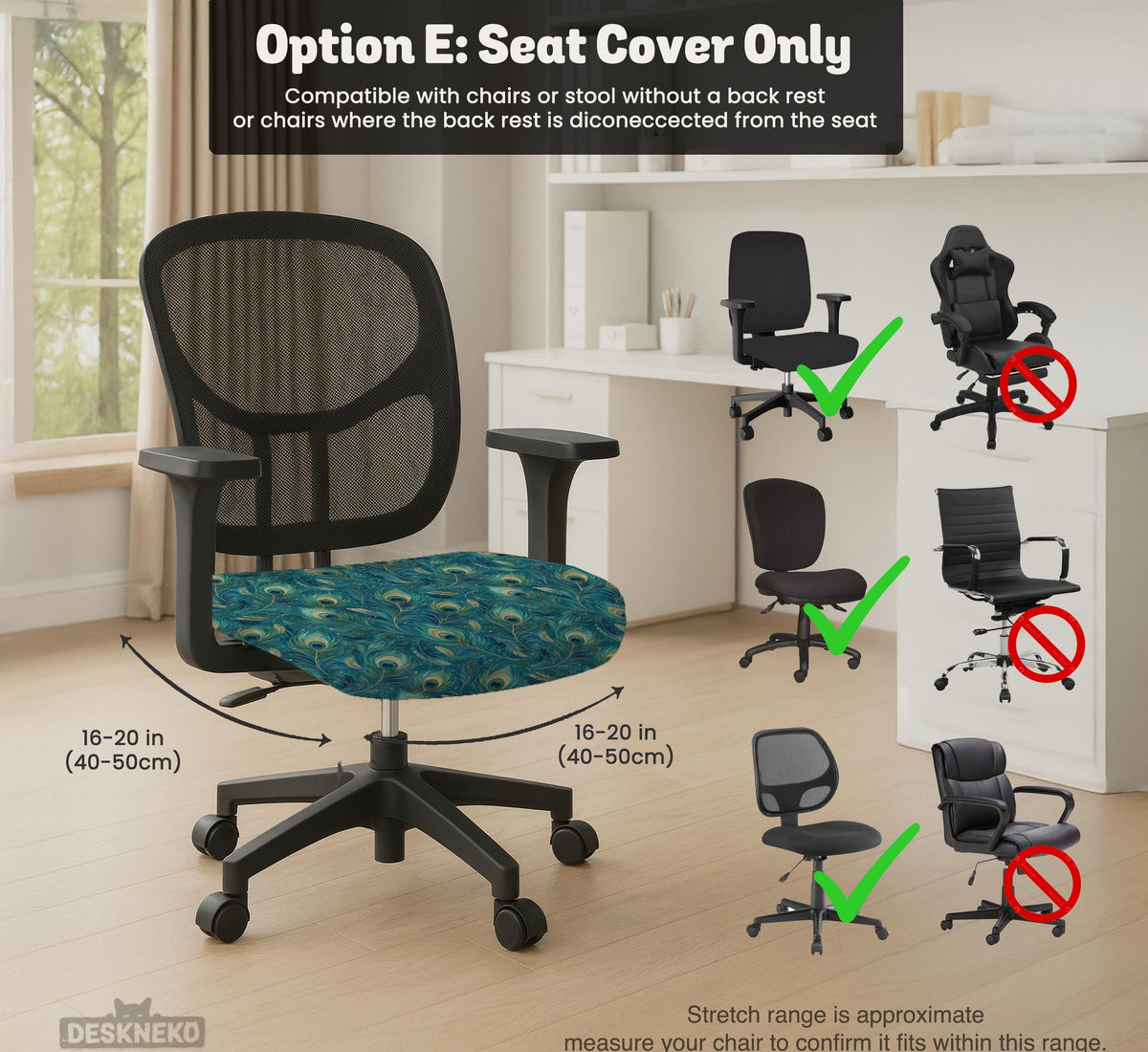 Blue green chair cover with a peacock feather pattern shown on an office chair, with fitted stretch fabric and armrest coverage visible in the listing image.