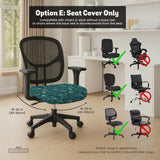 Blue green chair cover with a peacock feather pattern shown on an office chair, with fitted stretch fabric and armrest coverage visible in the listing image.