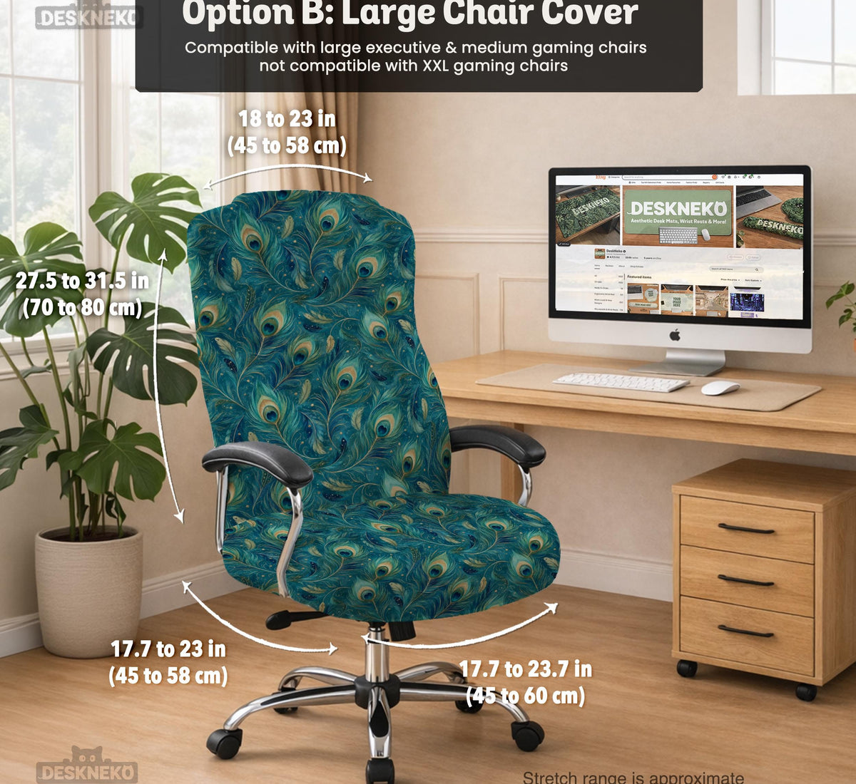 Blue green chair cover with a peacock feather pattern shown on an office chair, with fitted stretch fabric and armrest coverage visible in the listing image.