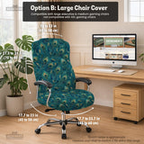 Blue green chair cover with a peacock feather pattern shown on an office chair, with fitted stretch fabric and armrest coverage visible in the listing image.