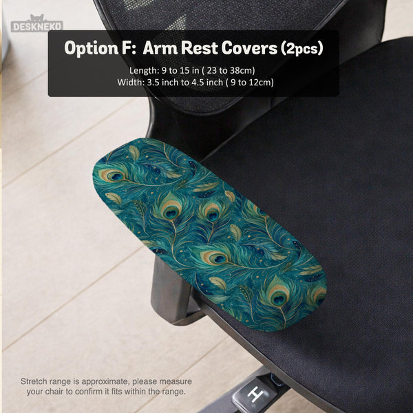 A blue green chair cover with a peacock feather design shown on an office chair with armrests.