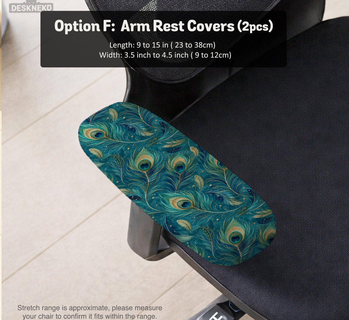 Blue green chair cover with a peacock feather pattern shown on an office chair, with fitted stretch fabric and armrest coverage visible in the listing image.