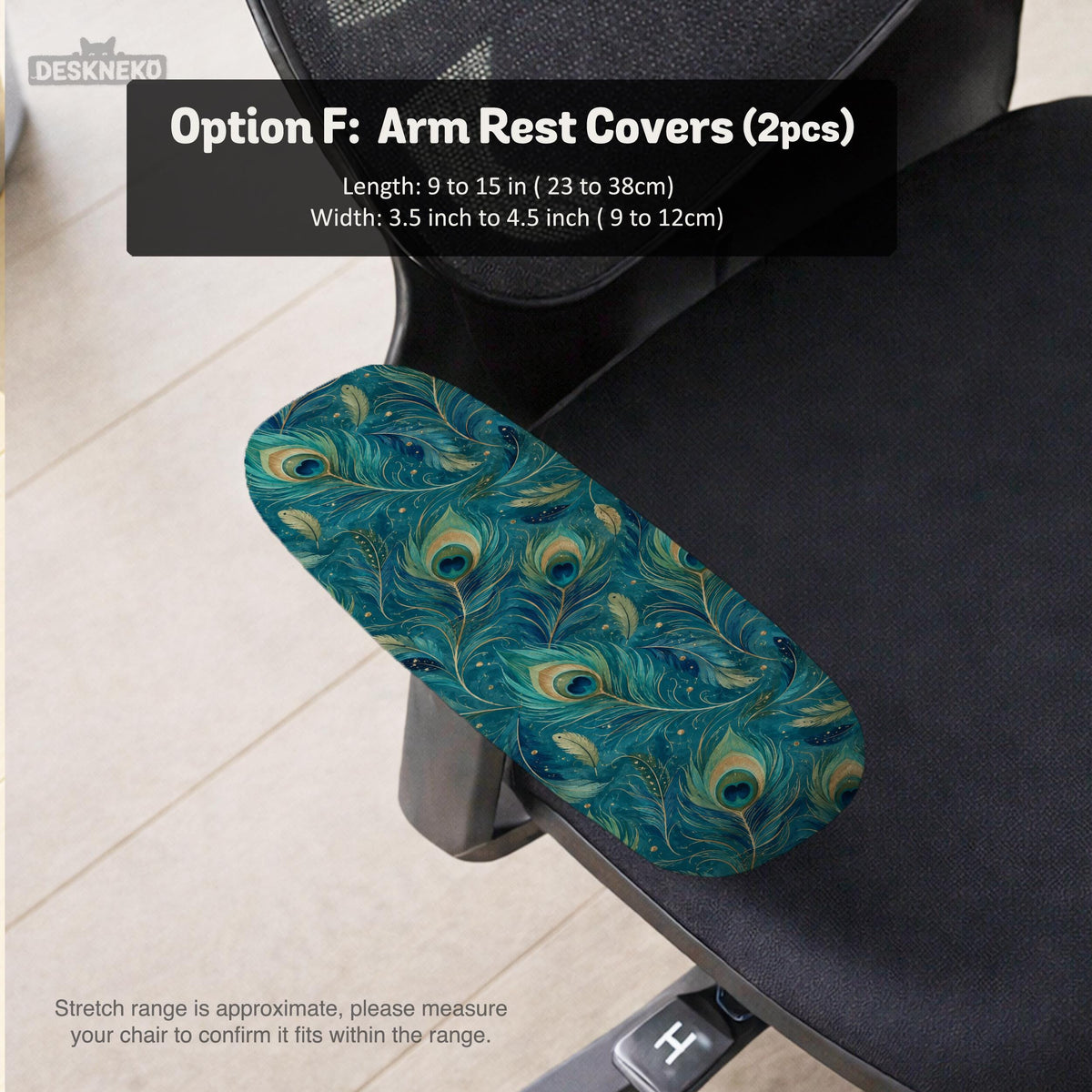 Blue green chair cover with a peacock feather pattern shown on an office chair, with fitted stretch fabric and armrest coverage visible in the listing image.