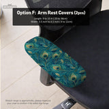 Blue green chair cover with a peacock feather pattern shown on an office chair, with fitted stretch fabric and armrest coverage visible in the listing image.