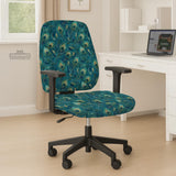 Blue green chair cover with a peacock feather pattern shown on an office chair, with fitted stretch fabric and armrest coverage visible in the listing image.