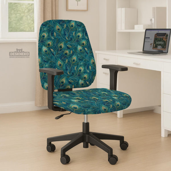 Blue green chair cover with a peacock feather pattern shown on an office chair, with fitted stretch fabric and armrest coverage visible in the listing image.