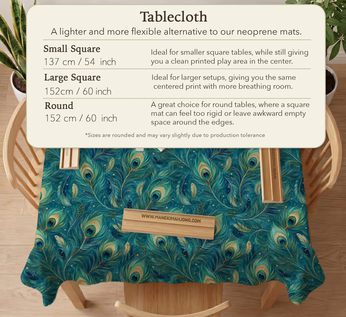 Teal mahjong mat with a peacock feather pattern in blue green tones.