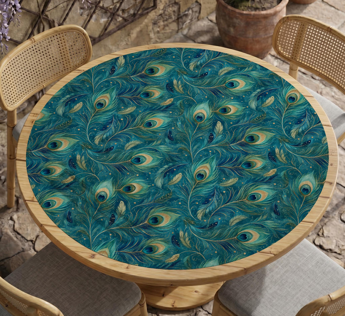 A teal mahjong mat with a peacock feather pattern and scalloped edges.