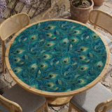 A teal mahjong mat with a peacock feather pattern and scalloped edges.