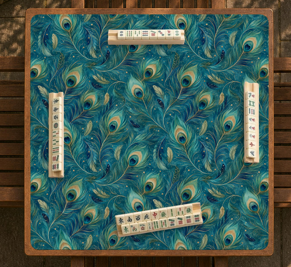 A teal mahjong mat with a peacock feather pattern and scalloped edges.