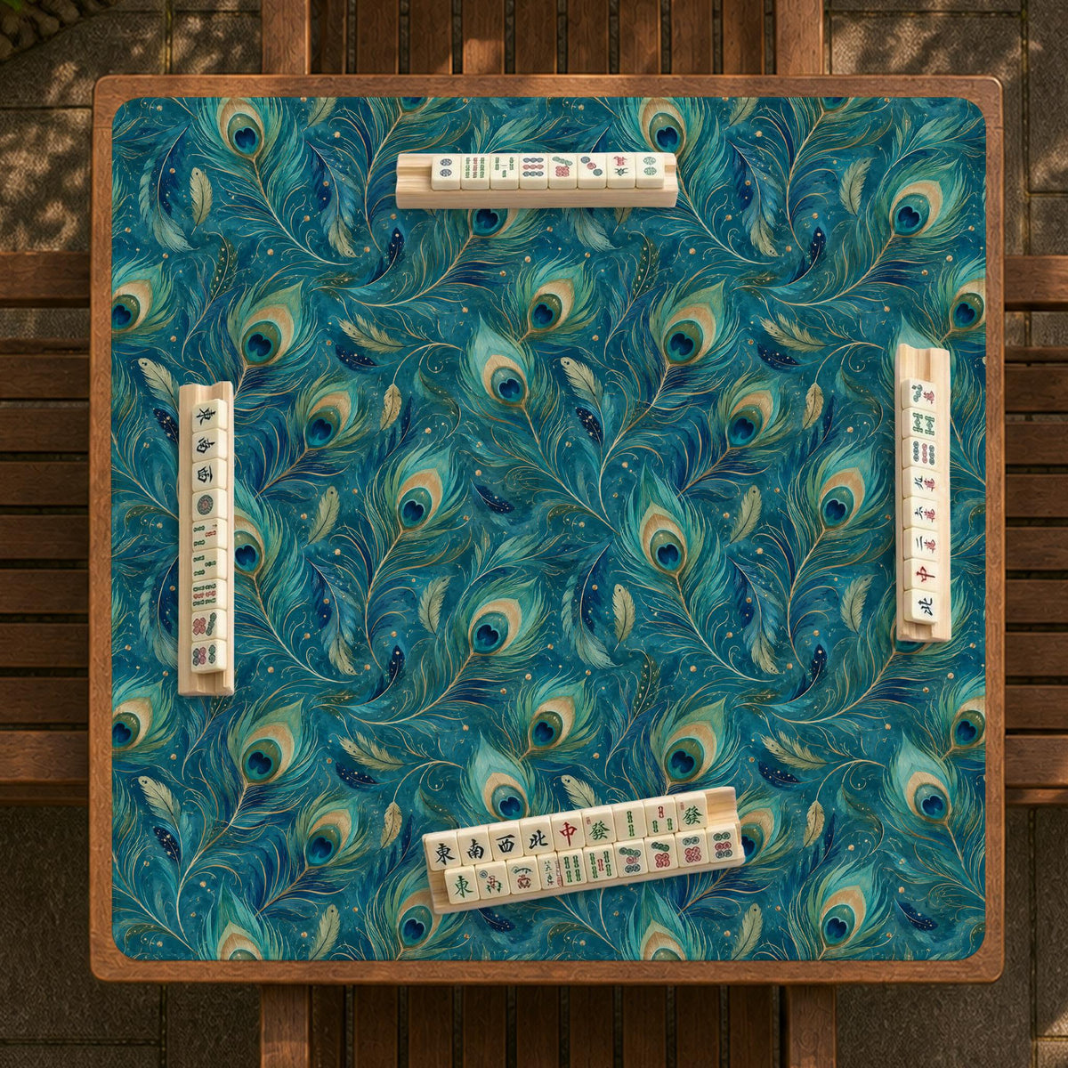 A teal mahjong mat with a peacock feather pattern and scalloped edges.