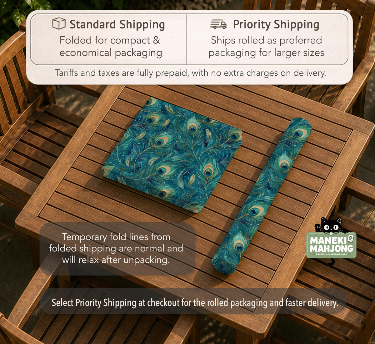 Teal mahjong mat with a peacock feather pattern in blue green tones.