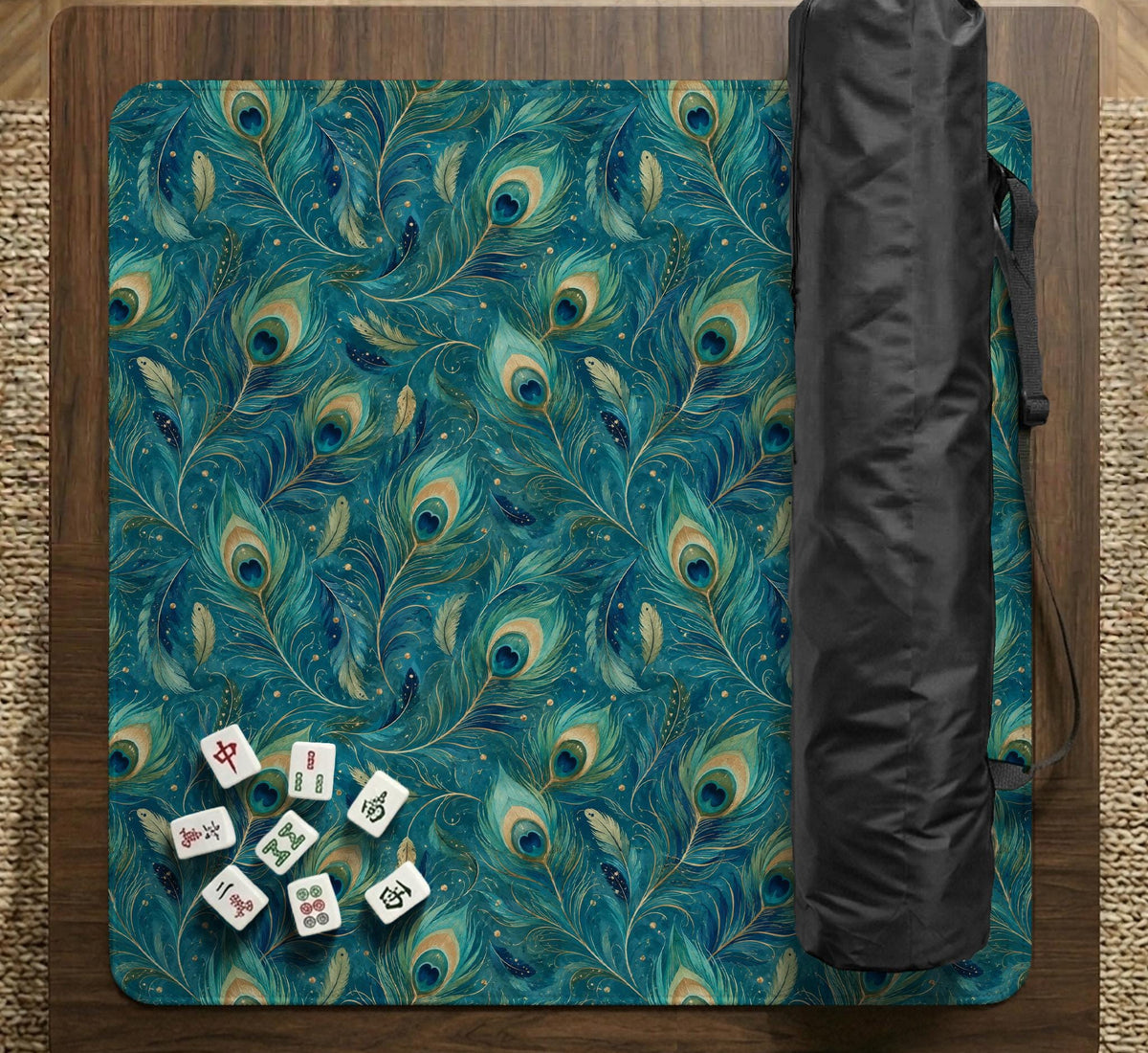 A teal mahjong mat with a peacock feather pattern and scalloped edges.