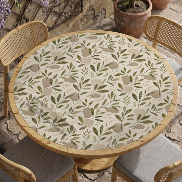 Green botanical mahjong mat with sage leaf and floral design and a scalloped edge.