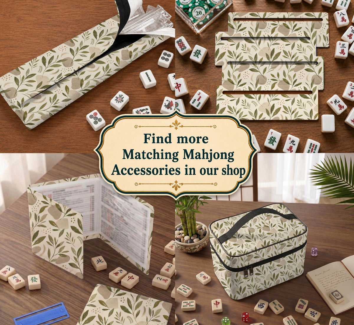 Green botanical mahjong mat with sage leaf and floral design and a scalloped edge.