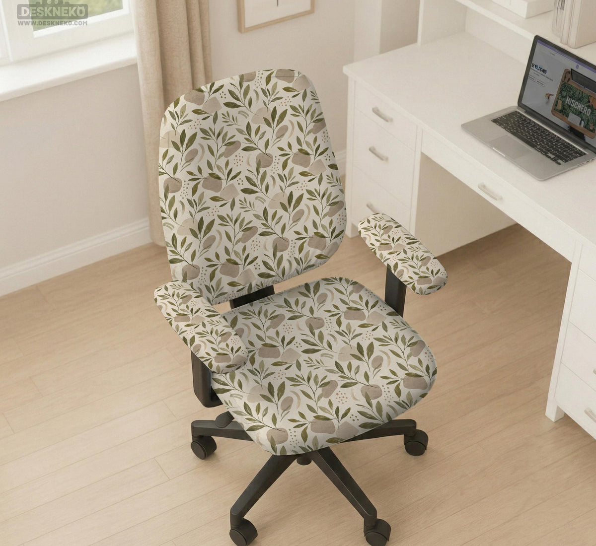 Sage and cream leaf print chair covers shown as full chair cover, back and seat cover, seat cover, and armrest covers for a high back desk chair.