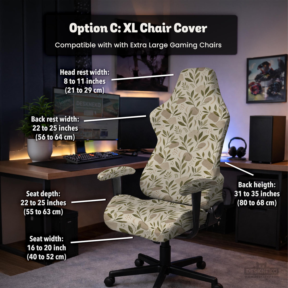Sage and cream leaf print chair covers shown as full chair cover, back and seat cover, seat cover, and armrest covers for a high back desk chair.