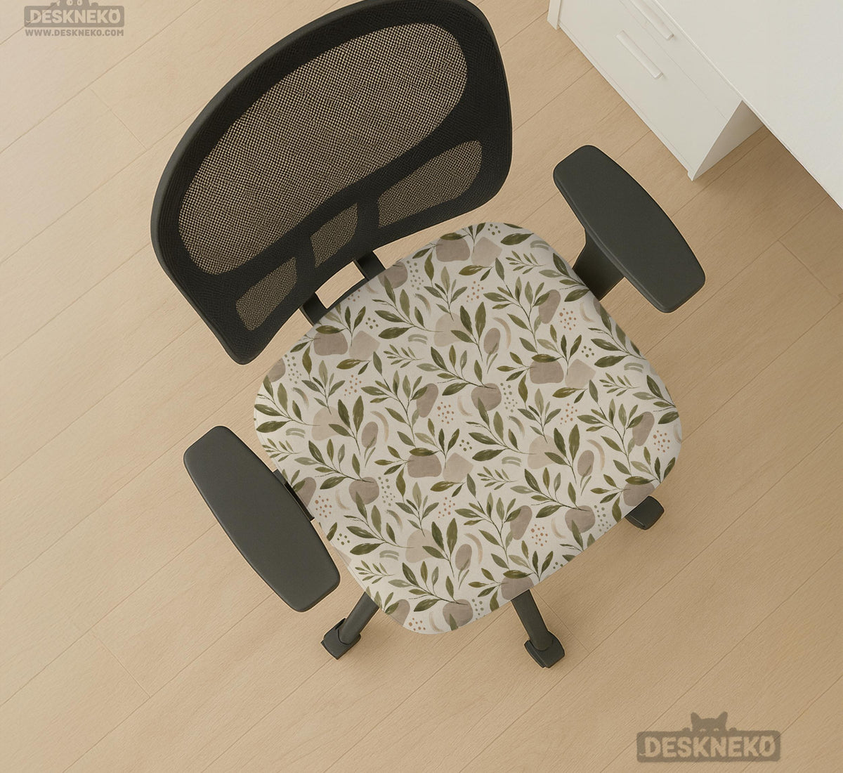 Sage and cream leaf print chair covers shown as full chair cover, back and seat cover, seat cover, and armrest covers for a high back desk chair.