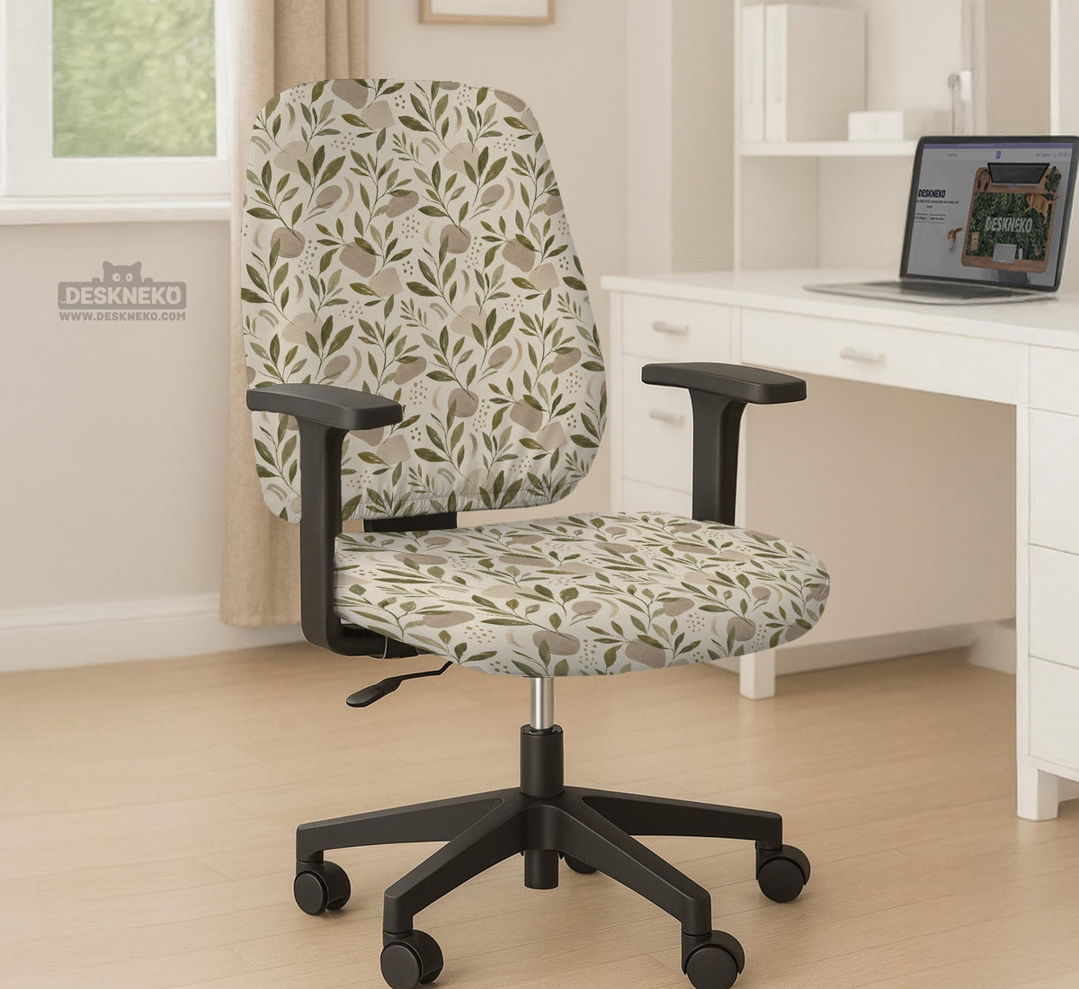 Sage and cream leaf print chair covers shown as full chair cover, back and seat cover, seat cover, and armrest covers for a high back desk chair.