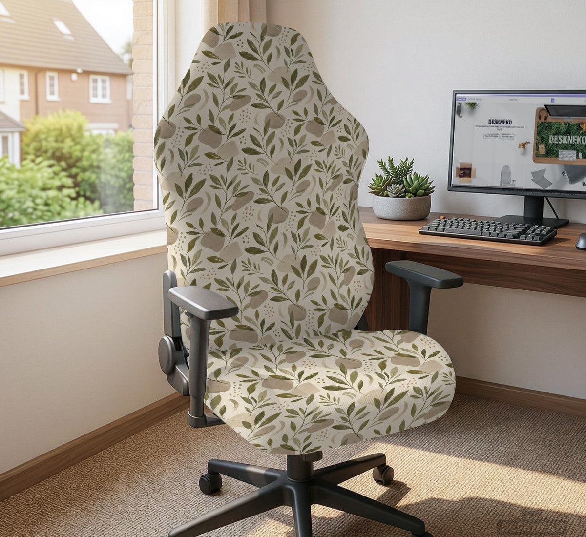 Sage and cream leaf print chair covers shown as full chair cover, back and seat cover, seat cover, and armrest covers for a high back desk chair.