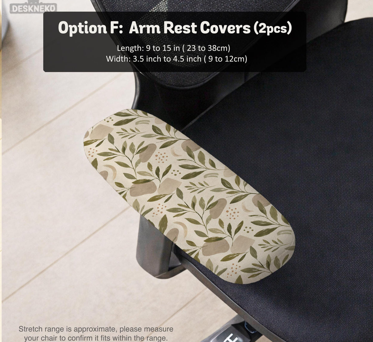 Sage and cream leaf print chair covers shown as full chair cover, back and seat cover, seat cover, and armrest covers for a high back desk chair.