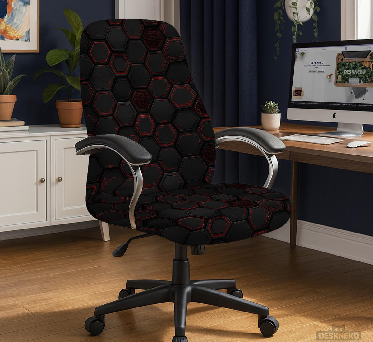 Black chair cover with a dark red geometric pattern shown on an office chair, with a fitted stretch look.