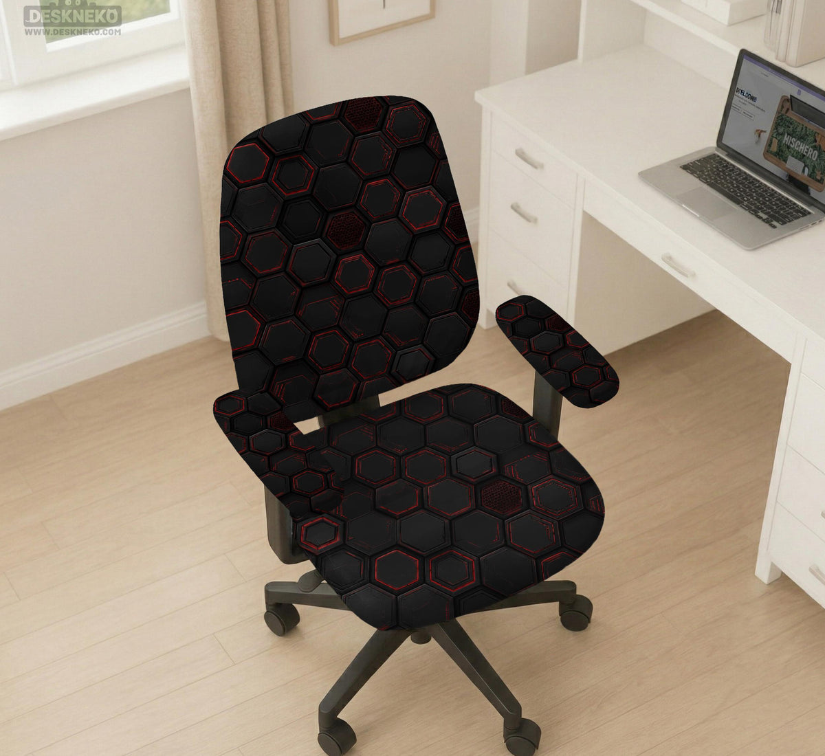 Black chair cover with a dark red geometric pattern shown on an office chair, with a fitted stretch look.
