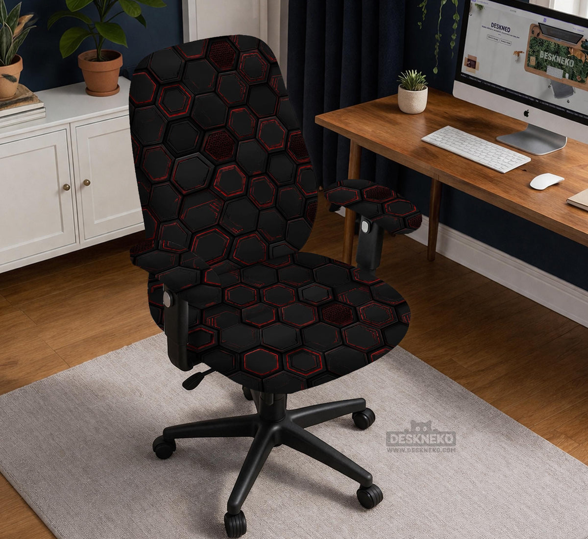 Black chair cover with a dark red geometric pattern shown on an office chair, with a fitted stretch look.