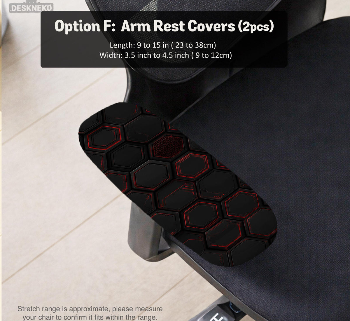 Black chair cover with a dark red geometric pattern shown on an office chair, with a fitted stretch look.