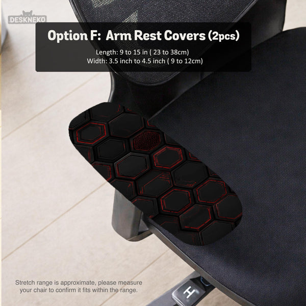 Black chair cover with a dark red geometric pattern shown on an office chair, with a fitted stretch look.