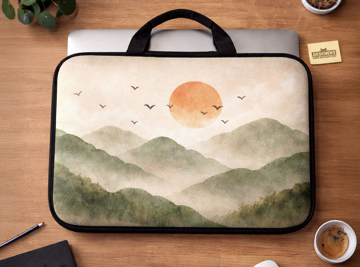 Laptop sleeve with mountain and sun design on a wooden desk