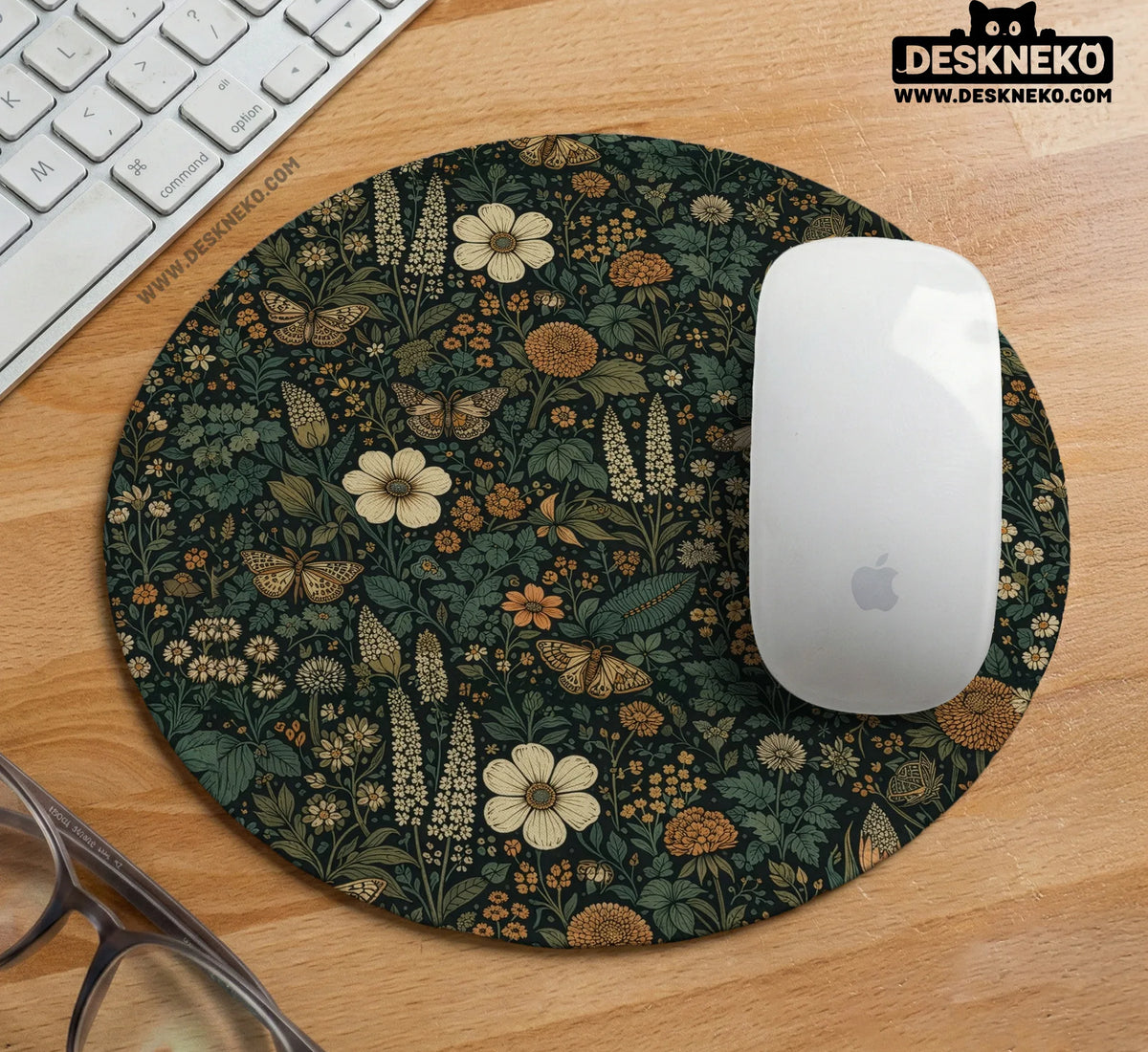Dark Floral Cottagecore Desk Mat with Botanical Butterflies - Deskneko